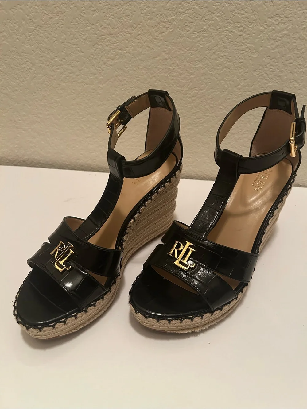 Ralph Lauren Black Patent Leather Espadrille Wedges with Gold RL Logo